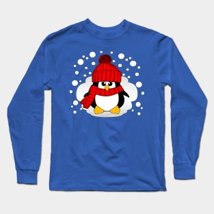 Christmas Penguin with Red Hat and Scarf Long Sleeve T-Shirt